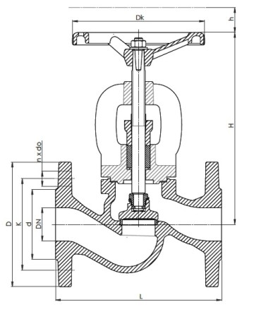 чертеж фланцевого запорного клапана (вентиля)